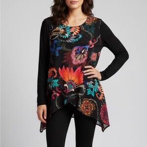 Chico's Floral Tunic Top Size 1 Medium Black Sharkbite Hem Mixed Media